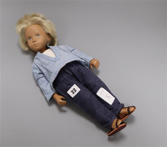 A vintage blonde Gregor Sasha doll, denim outfit, good condition